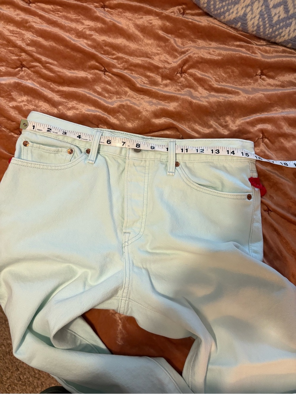 Light Green 100% Cotton High Waisted Ankle Jeans with Vintage Red Pom Trim - Picture 5 of 10